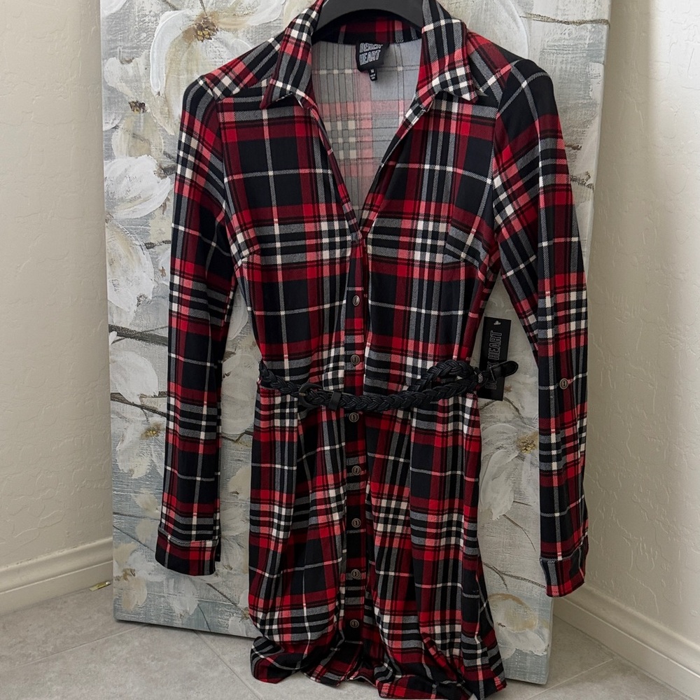 Rock & Republic Red and Black Plaid Shirt Dress with Braided Belt